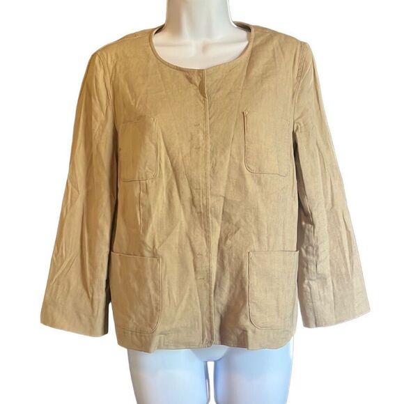 DKNY Tan Linen Blend Hook Closure 4 Pocket Collarless Blazer Small Preppy Classy - Picture 1 of 12